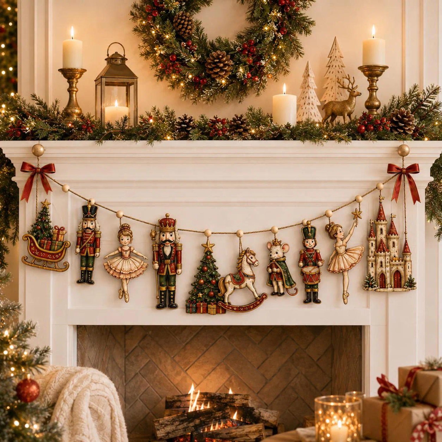TEMU 1 Set Vintage Nutcracker Wooden Banner Garland With Sleigh Ballerina Castle Cutouts - Artificial Hanging Ornaments Suitable For Xmas Tree, Party