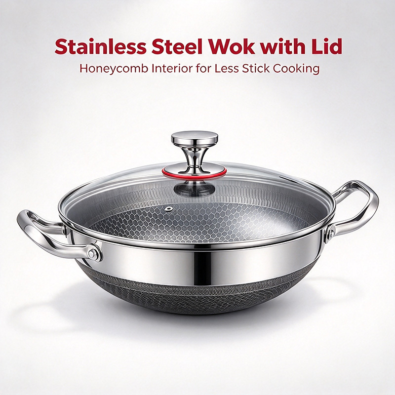 TEMU 34cm Honeycomb Wok With Glass Lid And Double Handles, Nonstick Stainless Steel Stir Fry Pan For Induction And Gas Cooktops