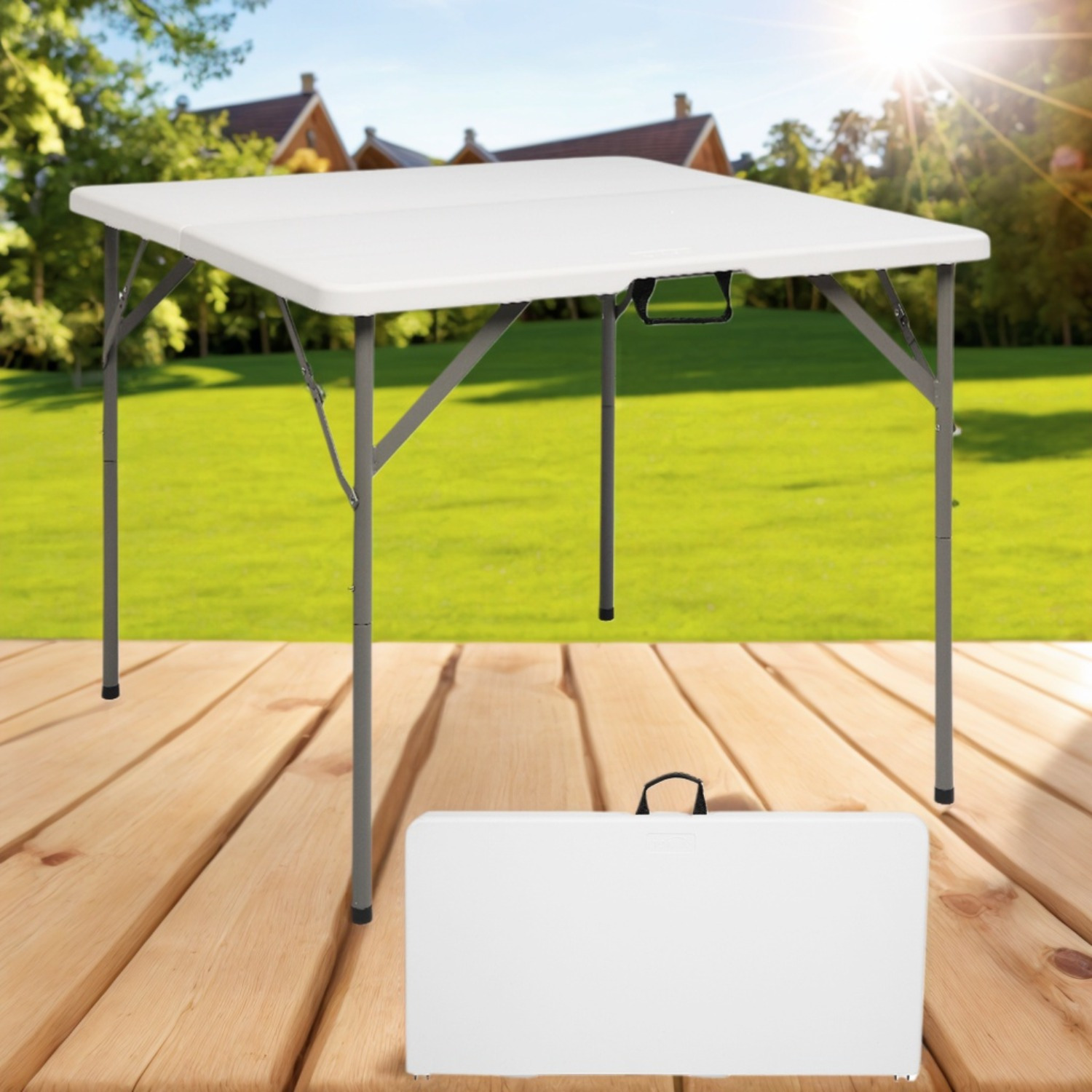 TEMU Bonnlo 34 Inch Folding Card Table Square Bi Folding Hdpe Tabletop Sturdy Metal Frame Lock Design For Stability Indoor Outdoor Use Black/ White