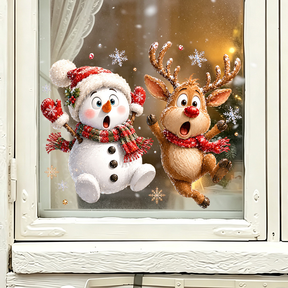 TEMU 1pc Holiday Christmas Window Cling, Featuring A Vivid And Adorable Double-sided Design With Snowmen, Reindeer, And Santa Claus, With Classic