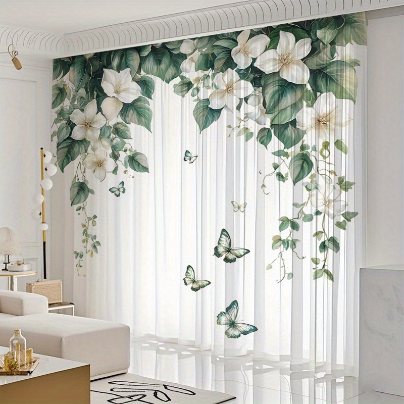 TEMU 2pcs Elegant Floral & Print Curtains Cute Sheers Leaf Curtain Tulle Vine Window Curtains Sheersivy Pretty Curtain For Living Room Bedroomwindow