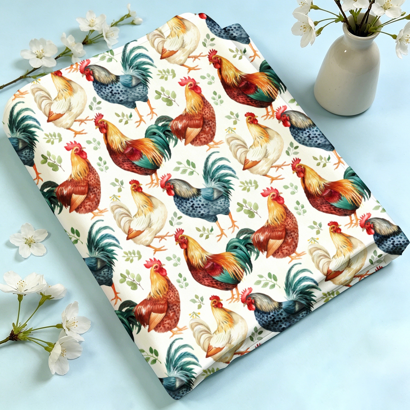 TEMU 1pc Multicolor Rooster And Hen With Green Leaf Pattern Fabric, Available, Soft And Comfortable Material, Polyester Handcraft Cloth, Suitable For