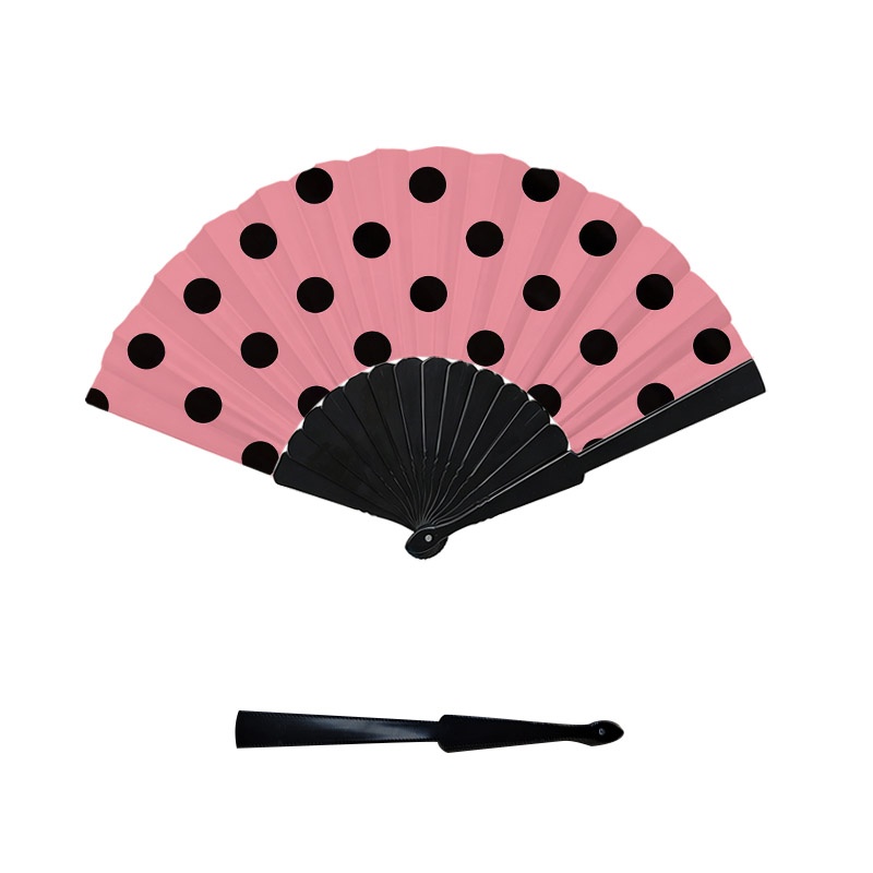 TEMU 2d Flat, 1pc 2d Single-sided Printed Handheld Folding Fan With Pink Background And Black Polka Dot Plaid Pattern, Lightweight Plastic Frame