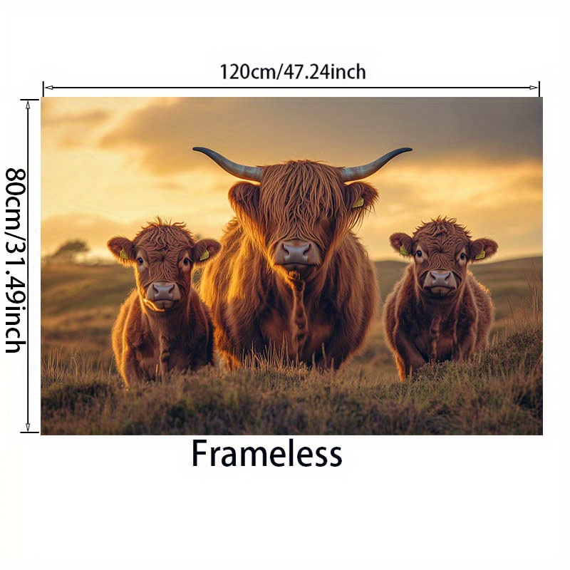 TEMU 1pc Frameless Highland Cows Canvas Poster, 31.49" .24", Modern Rustic Wall Art For Bedroom And Living Room Decor, Brown Cattle Trio In Sunset