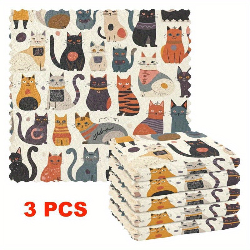 TEMU Set Of 3/6 Kitchen Dishcloths Featuring A Cartoon Cat Design, Reusable Cleaning Cloths Made Of Fibers, Highly Absorbent And Easy To Clean, Thick