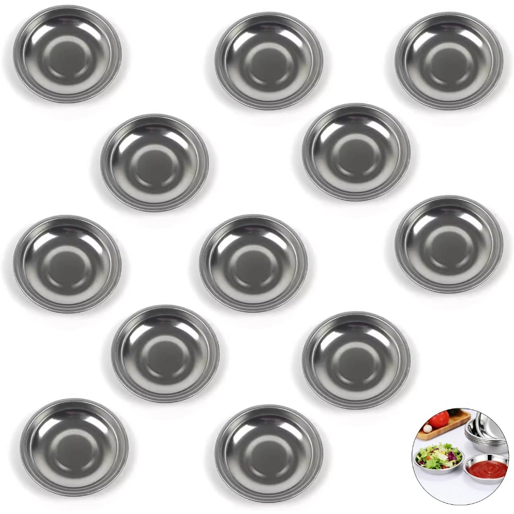 TEMU 12pcs Set Stainless Steel Mini Dipping Bowls With 8cm Stainless Steel Small Round Plates | Metal Dipping Bowls, Suitable For Dips, Sushi,