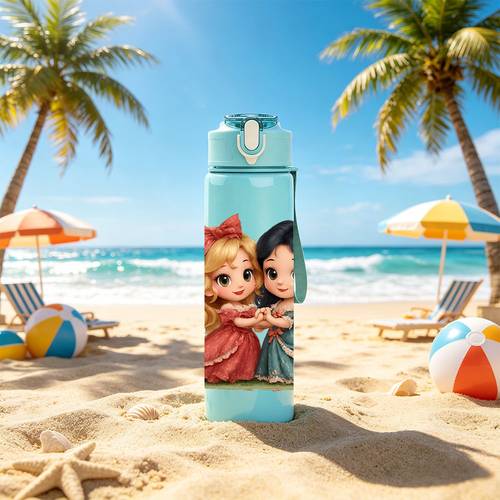 1pc double brown hair long dress portrait warm companionship illustration 750ml 26oz colored plastic sports water bottle cute printed design leak proof up lid lightweight and durable large capacity reusable suitable for office gym
