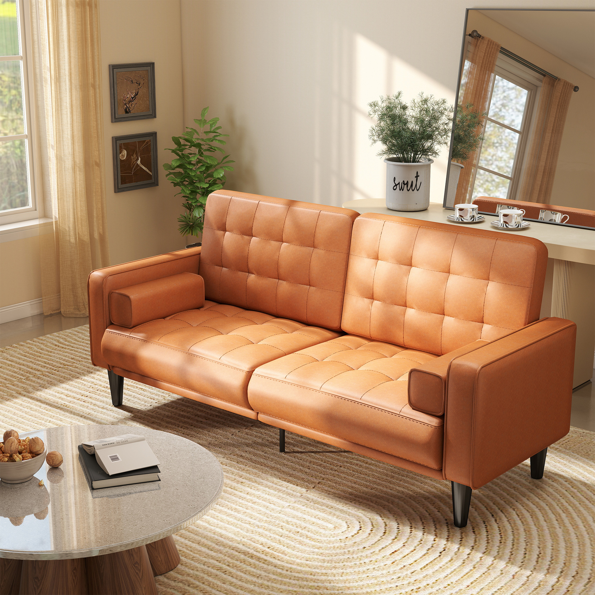 70inch Mid-Century Modern Couch, Breathable Faux Leather Couch with Upholstered Cushions/Pillows, Metal Decorative Legs. Combines Comfort And Durability, for Living Rooms/Offices, Convenient And Practical, Easy to Assemble.