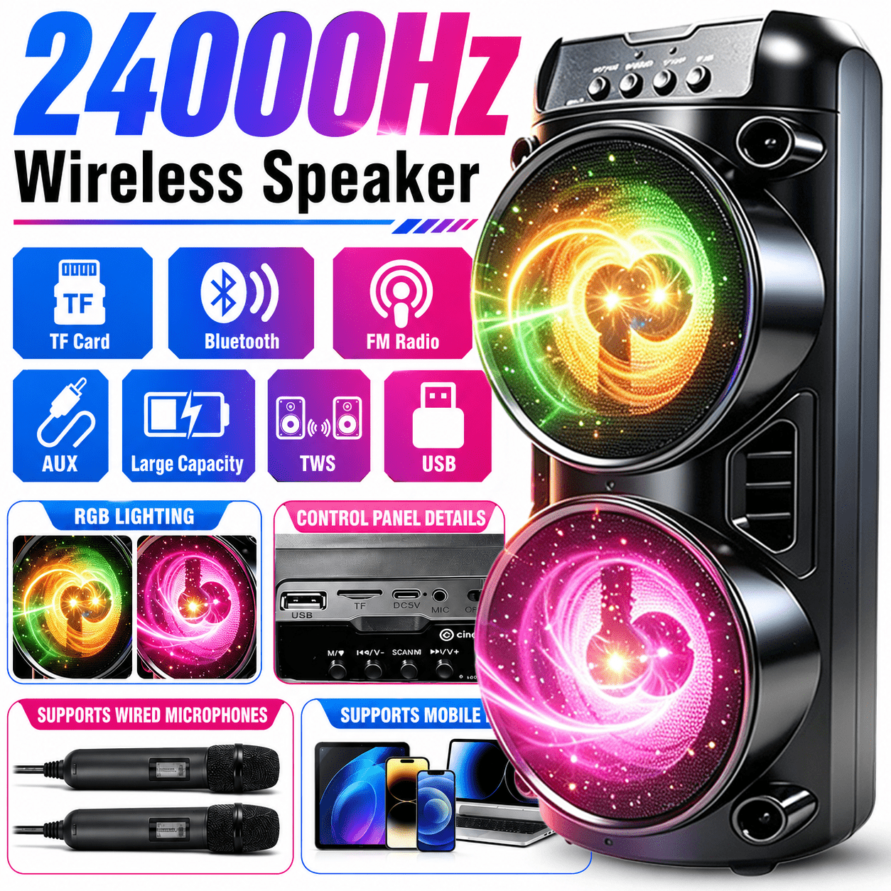 24000hz Wireless Bluetooth Speaker With Rgb Lights, Portable With Dual Speakers, Tf/usb/fm/aux, Microphone Support For Outdoor Events For