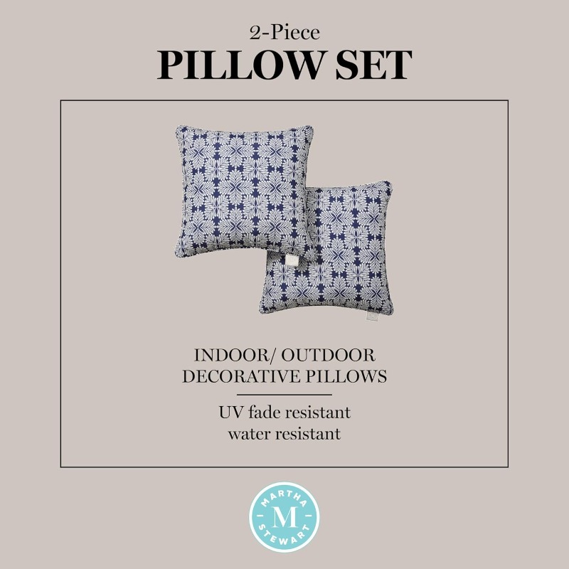 Set of 2 Decorative Pillows for Indoor And Outdoor Use, Featuring a Modern Navy Blue Design That Is UV Fade Resistant And Water Repellent, Measuring 18X18 Inches