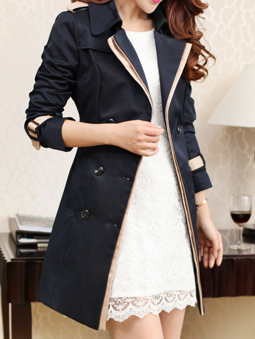 Abrigo de lona elegante para mujer, doble botonadura, color beige y azul marino, estructurado, no elástico, formal y casual, cintura ceñida, para oficina, fiestas, uso diario, diseño sofisticado, tejido duradero, chaqueta elegante, para amantes de la moda, ropa de oficina, material de alta calidad, mujeres conscientes de la moda.