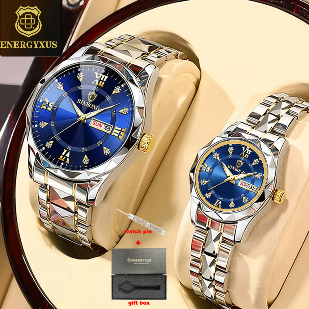 TEMU Binbond 2pcs/set Couple Watches Fashion Valentine's Day Gift Stainless Steel Watch Men Women New Watches And Gift Box, Without Battery