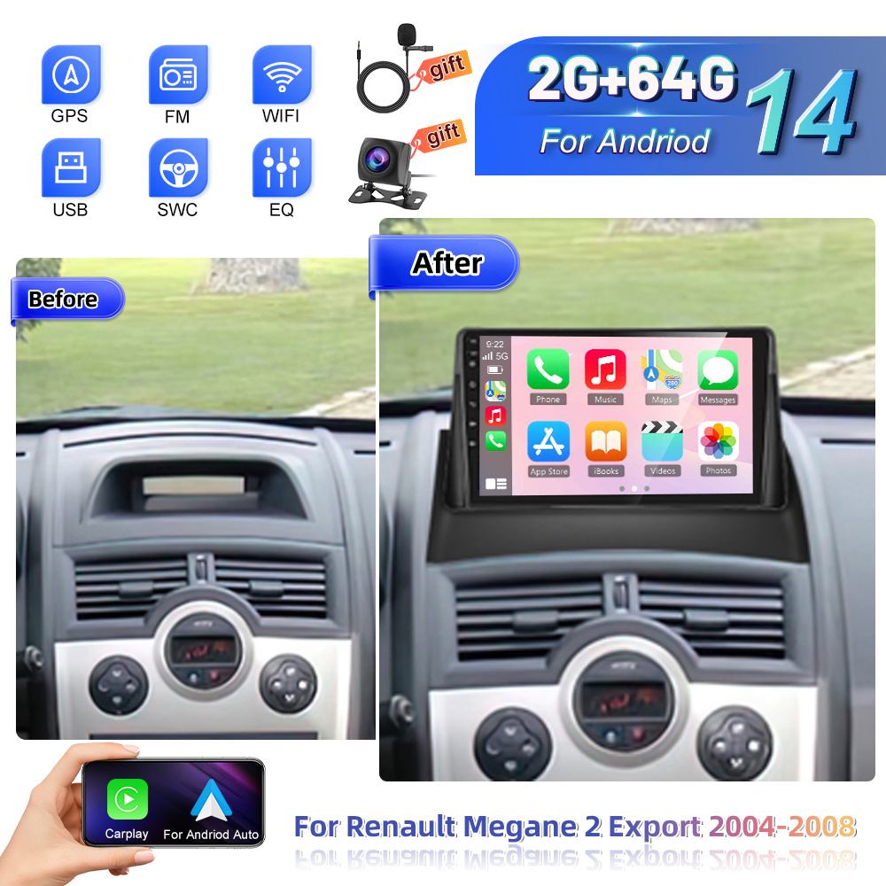 Image of Car Stereo For Megane 2 Export 2004-2008 [2+64g] 14 Car Stereo Auto, 9" Touchscreen Radio, Wifi, Eq Dsp, Bluetooth, Swc, , Car Frame, Backup Camera Upgrade For Radio