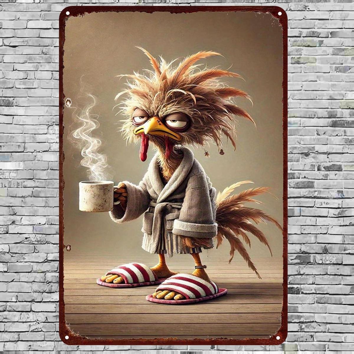 TEMU 2d Flat, 2d Flat 1pc, Whimsical Rooster In Robe Holding Coffee – Wall Decor | Quirky Animal Metal Wall Art For Home & Kitchen 8×12 Inch, 2d Flat
