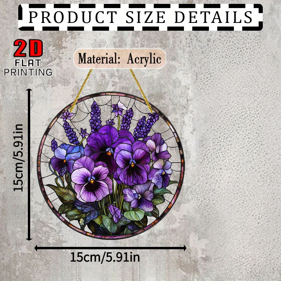 TEMU 2d Flat, 1pc Round Acrylic Suncatcher Wall Decor - Purple Pansy & Lavender Window Hanging Ornament Suitable For Home, Garden, Indoor/outdoor
