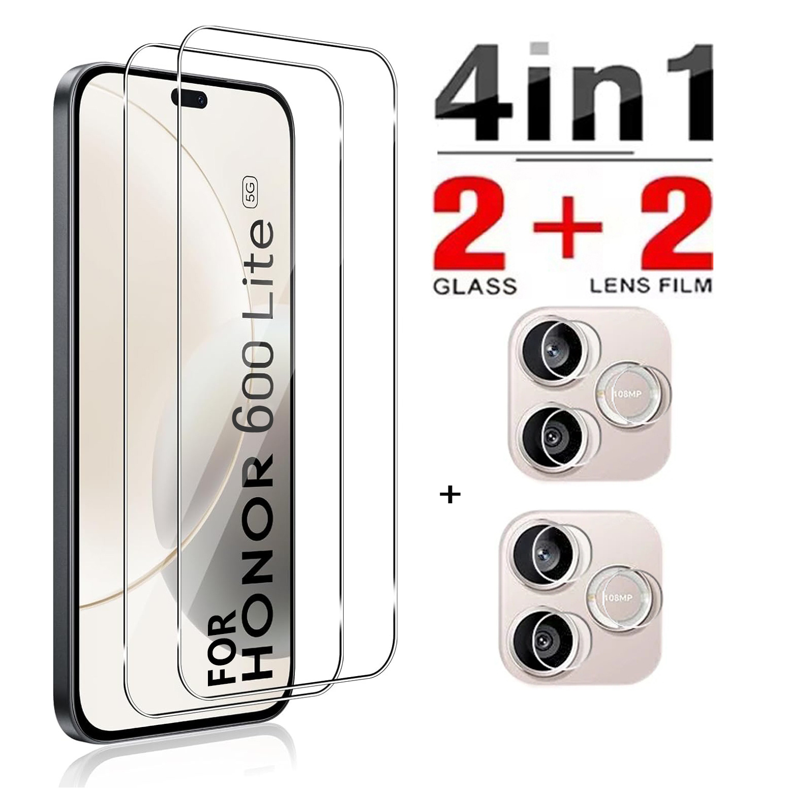 TEMU Protector de pantalla de vidrio templado delantero 4 en 1 2+2 y lente de cámara de vidrio para Honor 600 Lite 5G
