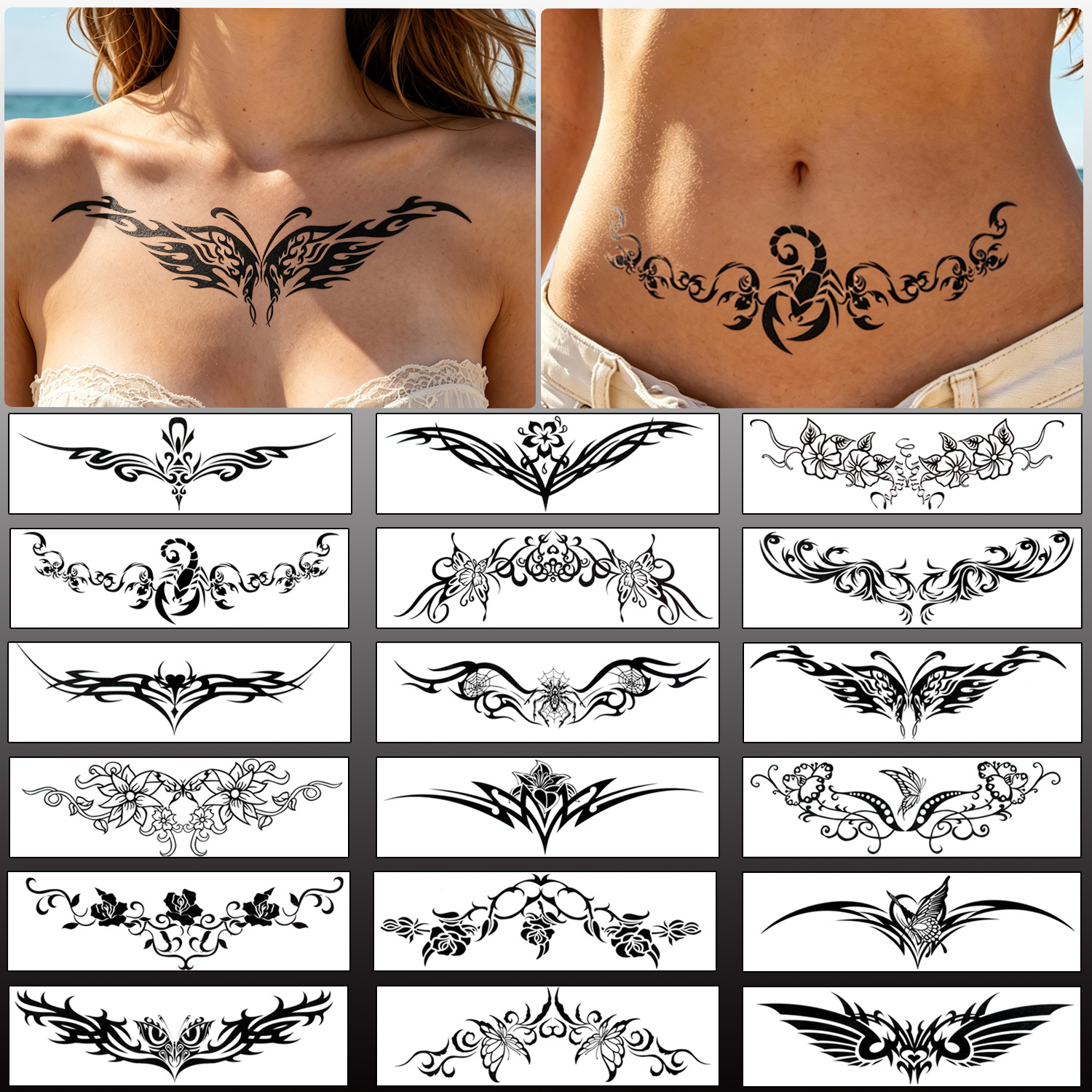 Image of 18 Designs Tattoo Underboob Temporary Tattoos Tribal Temporary Tattoos For Women, Waterproof Stickers, Fake Tattoo Stickers For Chest Lower Back, Party Festival Makeup Additions