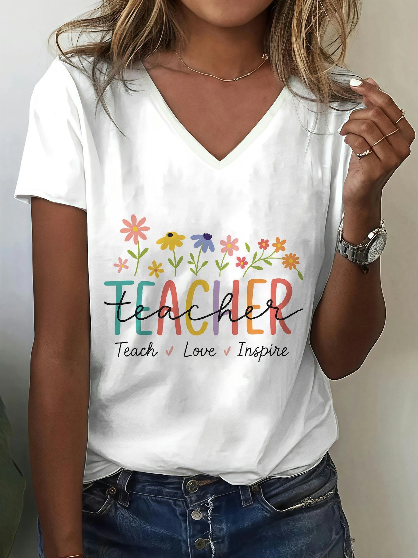 womens   graphic t shirt soft lightweight everyday top with floral accents white casual shirt for educators events machine washable spring summer fall clothing educator themed tee   tee   tee   durable clothing seasonal tee   2d flat