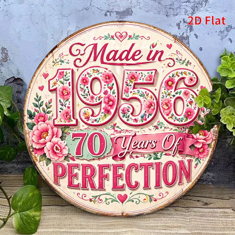 TEMU 2d Flat - Decorative Sign 2d Flat - - [2dflat], 1pc 20x20cm- Made In 1956 Of Perfection Sign, Floral Vintage Decorative Sign, Round Metal Wall