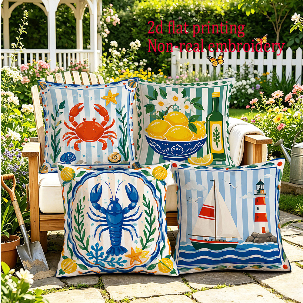 TEMU 2d Flat 4pcs Nautical Coastal Throw Pillow Covers With Crab Lobster Sailboat Lemon Designs 2d Flat Printing, Embroidery, Home/farmhouse/rustic