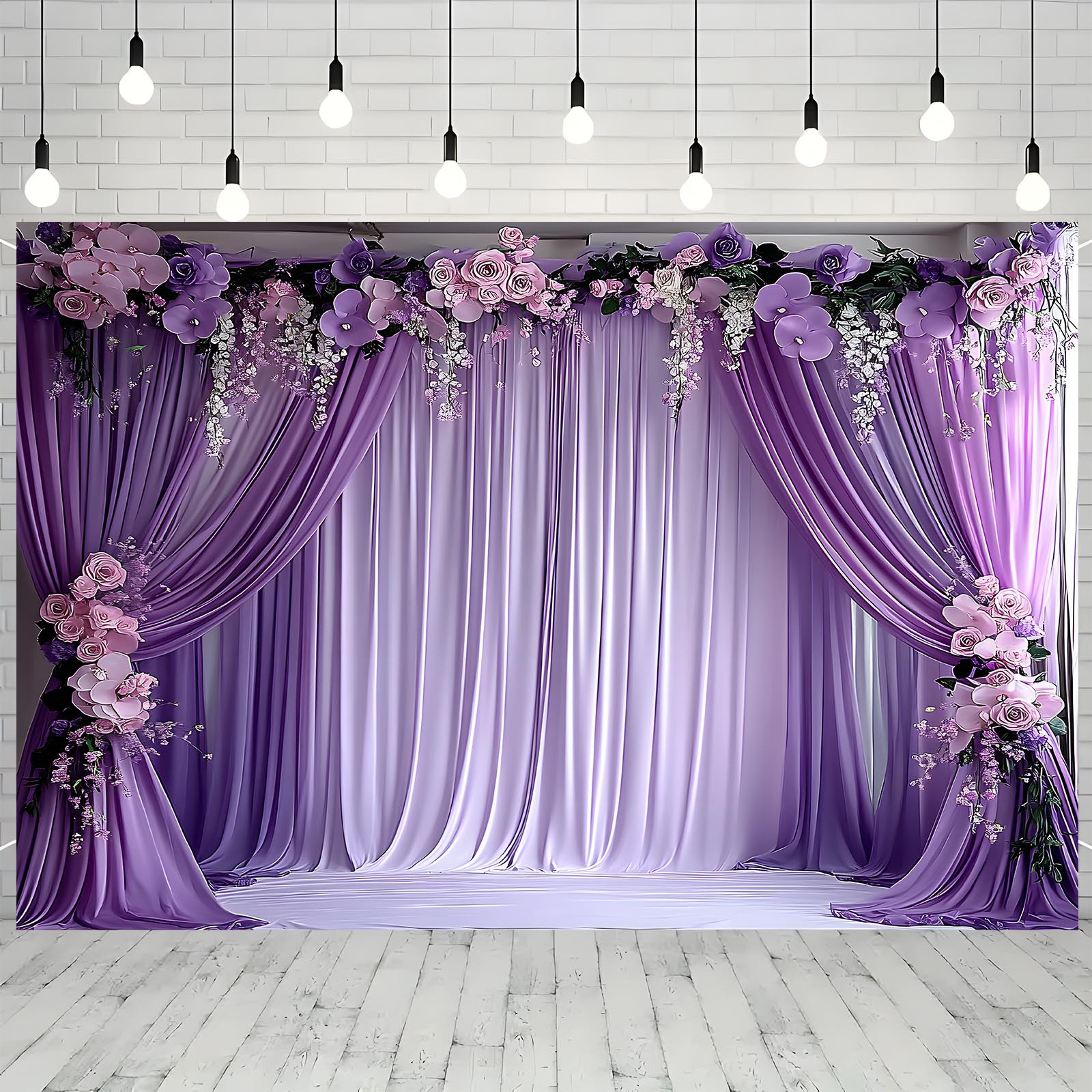 

Purple Floral Backdrop Curtain - Photo Booths, Birthdays, Anniversaries & More - Polyester, Indoor/outdoor Use