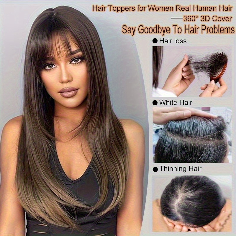 1pc human hair t shaped wig block cover with french bangs straight hair hair topper for women men real human hair easy to tidy match styles elegant     hair wig versatile hairstyle enhancer   cap details 6