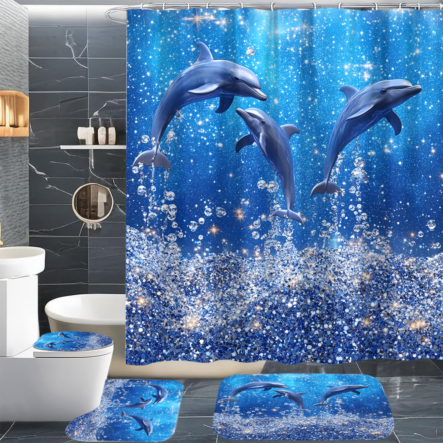 

1pc/4pcs Ocean Dolphin Shower Curtain Set, Water-resistant Polyester Fabric With 12 Hooks, Machine Washable, Non-woven Fabric, Arts Theme Bathroom Decor