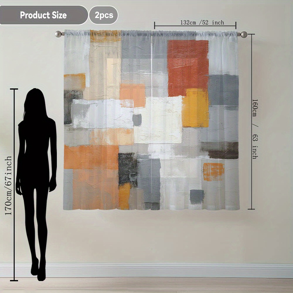 TEMU 2pcs Colorful Geometric Patterned Sheer Curtains For Home Decor, With Rod Pocket, Suitable For Kitchens, Cafes, Living Rooms, , And Gardens