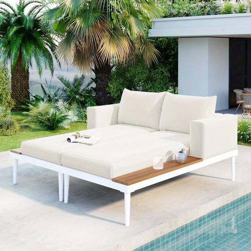 modern outdoor 2 in 1 convertible daybed with drink side pockets padded pillows durable pvc acacia wood 350lb capacity beige for poolside balcony deck balcony furniture minimalist lounger build lounge chair