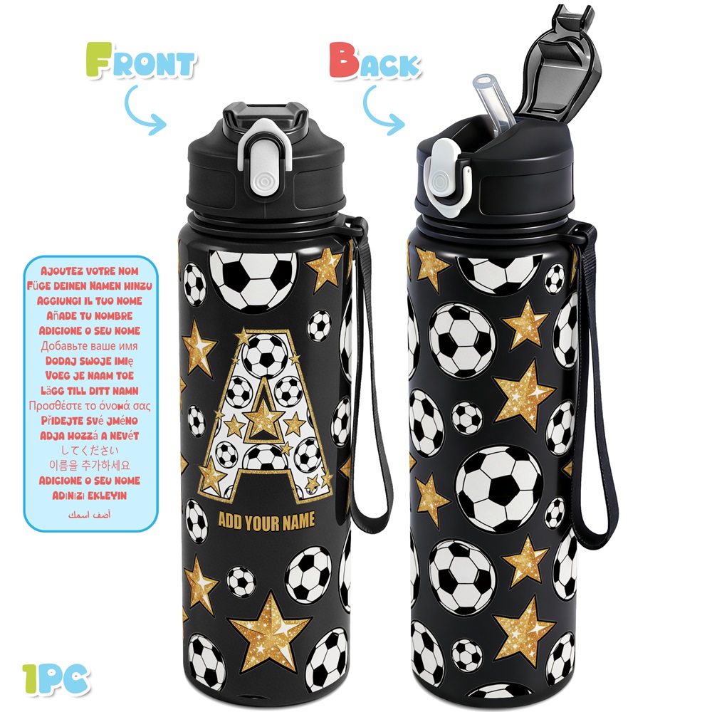 TEMU 1pc, 26 Letter Personalized Soccer Themed 25oz/750ml Leak Proof Water Bottle, Custom Name Sport Water Bottle For Gym Hiking Cycling School
