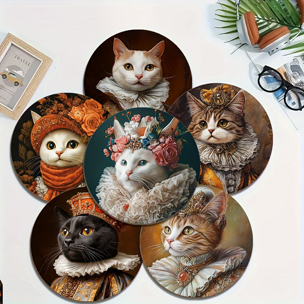 TEMU 6pcs Classical Cat Wooden Round Coaster Set - Heat Resistant, Non-slip And Decorative Placemats, Suitable For Home, Office And Party, Table