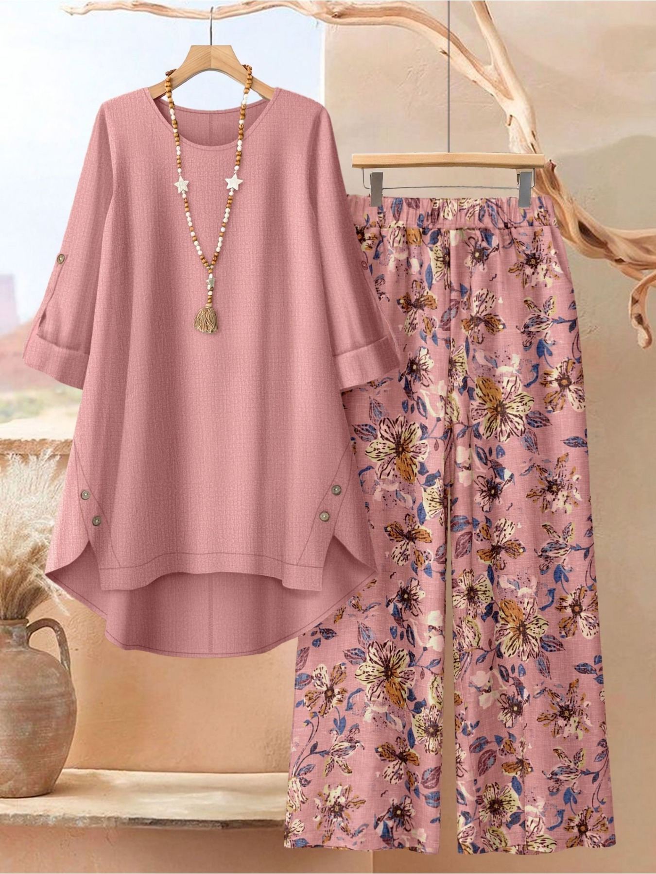 imagen del artículo conjunto de 2 piezas de talla   para mujer para otoño, conjunto casual de camiseta holgada de cuello   y pantalón, color caqui liso con estampado floral, tela cómoda,   para uso  , a   y  , lavable a máquina