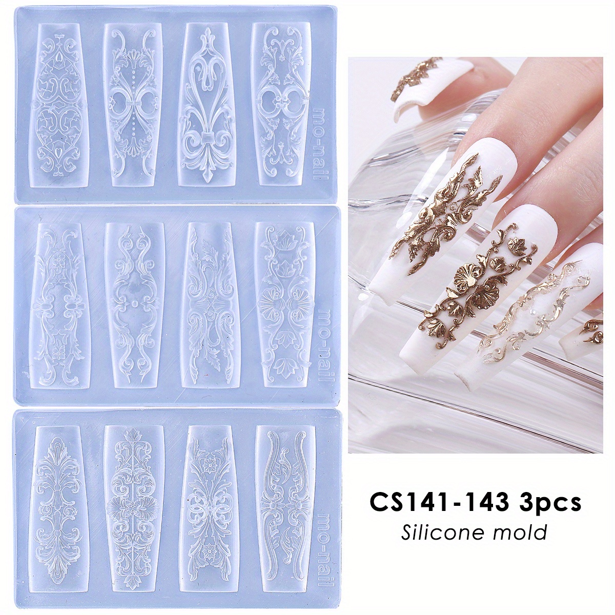 Image of 3pcs Luxury Embossed Soft Silicone Nail Carving Molds, Retro Lace Bohemian Shape Nail Art Stencils, Reusable 3d Sculpting Tools For Manicure Supplies