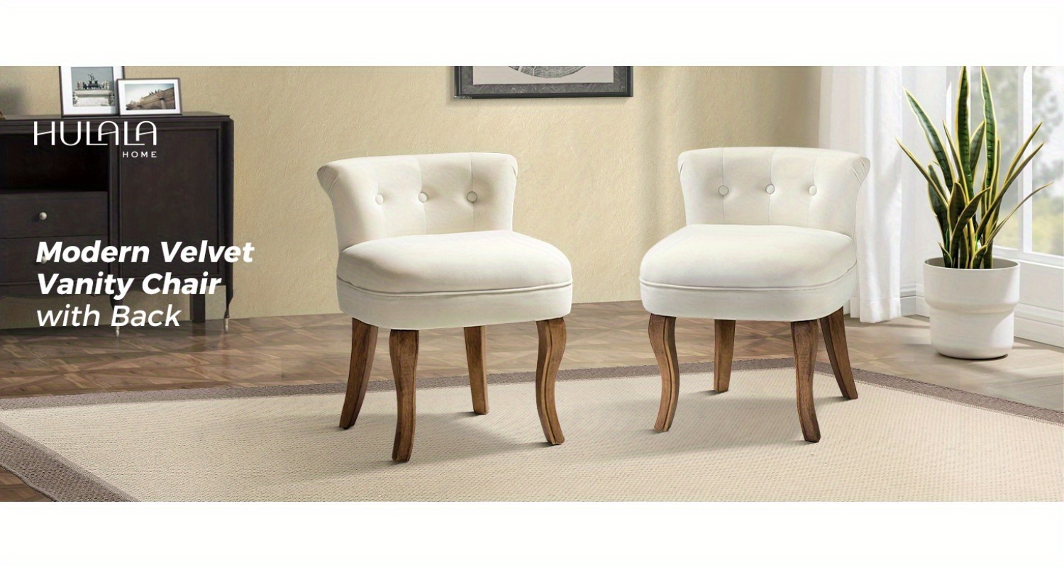Navy Velvet Vanity Stool with Low Back - Modern Upholstered Makeup Chair with Solid Wood Legs, Assembly Compact Dressing Table Chair Suitable for Women & Girls, Bedroom, Living Room, Dressing Table - Stylish Chair