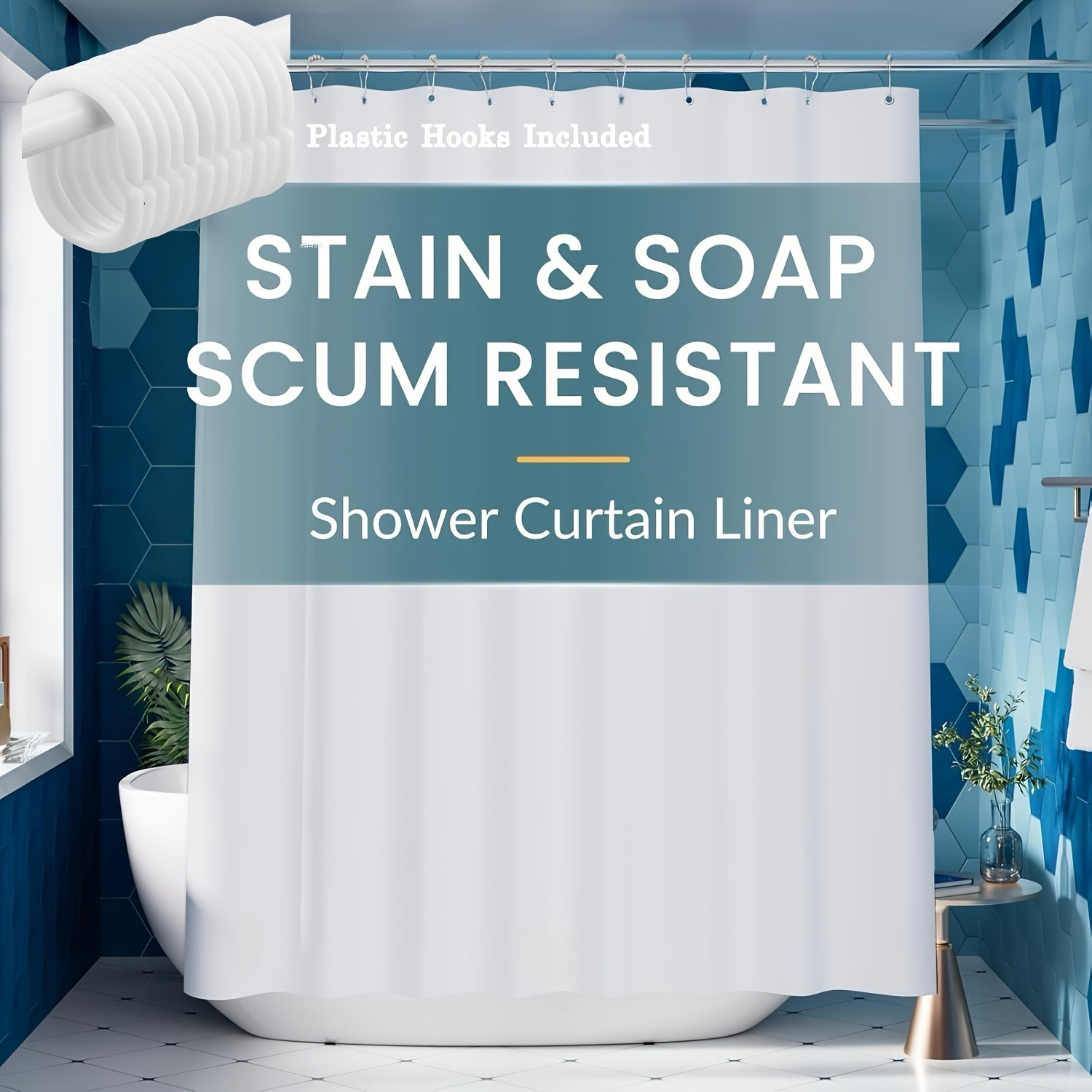 TEMU 1pc Lightweight Shower Curtain Liner With Plastic Hooks - 71x71 Inch White/gray Bathroom Curtain, Stain & Soap Resistant, -, Durable Plastic