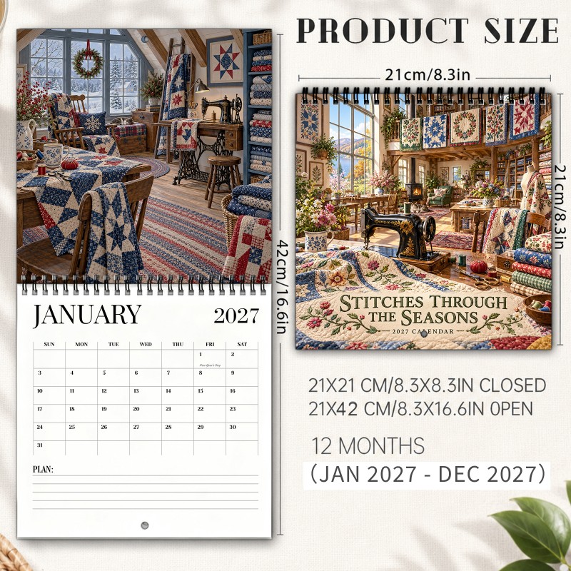 TEMU Quilting 2027 Wall Calendar Sunny Sewing Room Filled With Quilts And Flowers Spiral-bound With Thick Paper And Marked Holidays Home And Office