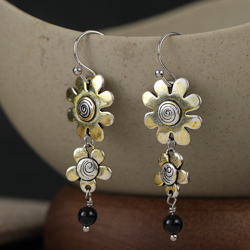 Women's Vintage Two Tone Spiral Pattern Double Flower Dangle Earrings