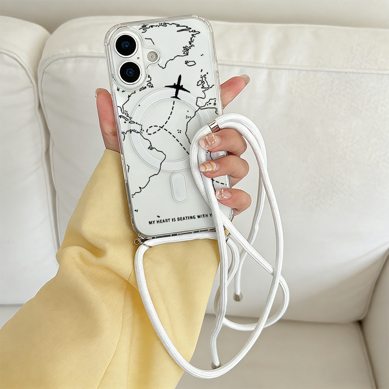 TEMU Phone Case - 1pc Suitable For Iphone 18pro Luxurious Fashionable World Map Flight Path Pattern Transparent Magnetic Suction Lanyard Phone Case