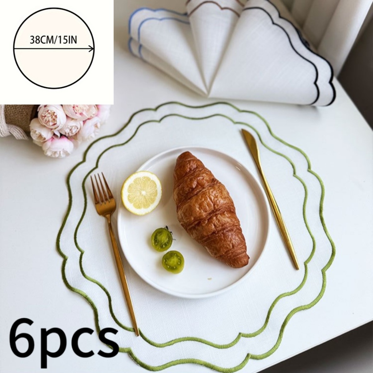 TEMU 6 stuks Ronde Placemats met Geborduurde Golvende Kant in Kleur, Frisse en Eenvoudige Stijl Keukendecoratie Eettafelmatten, Antislipmatten voor