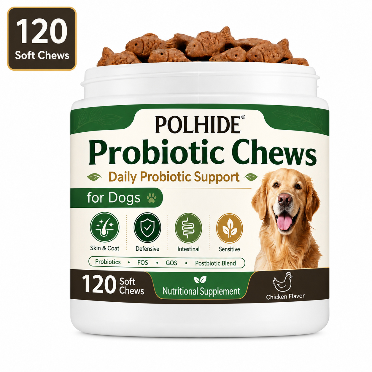 Polhide Probiotic Chews For Dogs, Nutritional Supplement For Daily Probiotic Support, Skin& Coat, , Intestinal And Sensitive, Chicken Flavor, 120