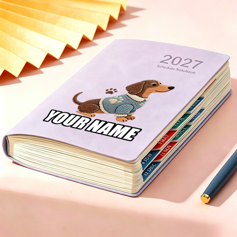 TEMU 1pc Personalized Customization 2027 Annual Planning Record Book With Custom Name Dachshund In Sweater Pattern, Practical Daily Schedule Notebook