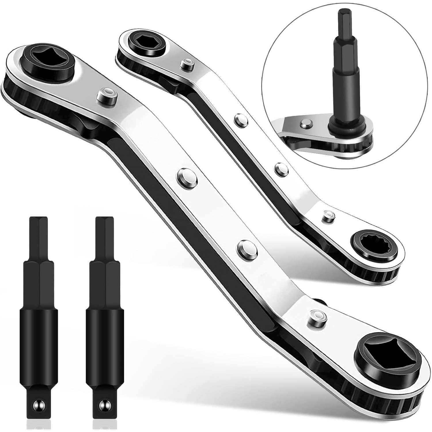 TEMU 2pcs Hvac Repair Wrench Tool Set, 3/16' To 3/8' 5/16' X 1/4' Air Conditioning Valve Ratchet Wrench With 2 Hex Screwdriver Bit Adapter Kit,