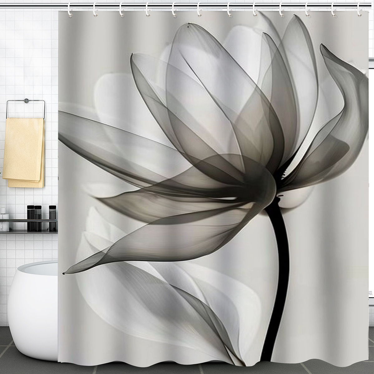 

1pc Elegant For Lotus Leaf Design Shower Curtain - Waterproof Polyester, With Hooks, Machine Washable, Artistic Transparent Floral Pattern For Decor