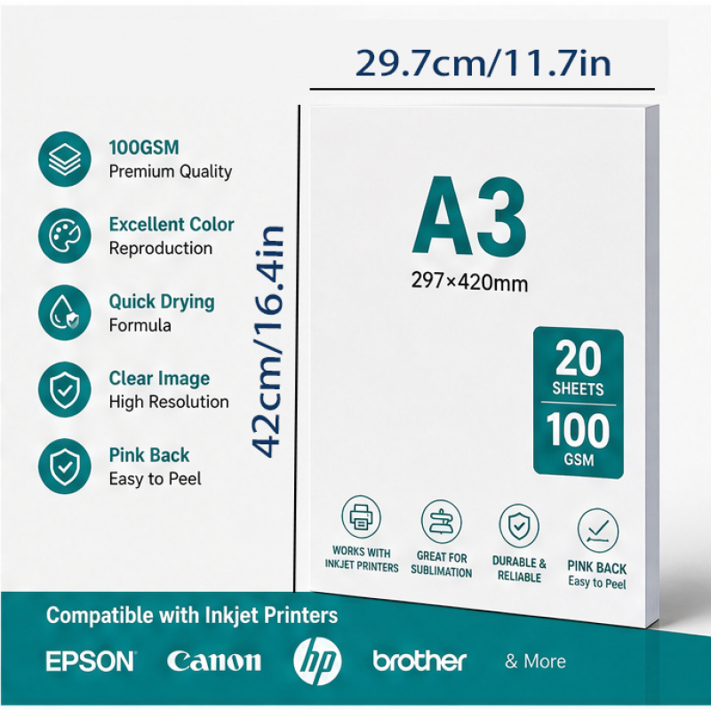 TEMU Papier de transfert thermique A3 (100 g/m², lot de 20 feuilles) - Convient aux imprimantes ; Papier de transfert thermique DIY pour t-shirts et