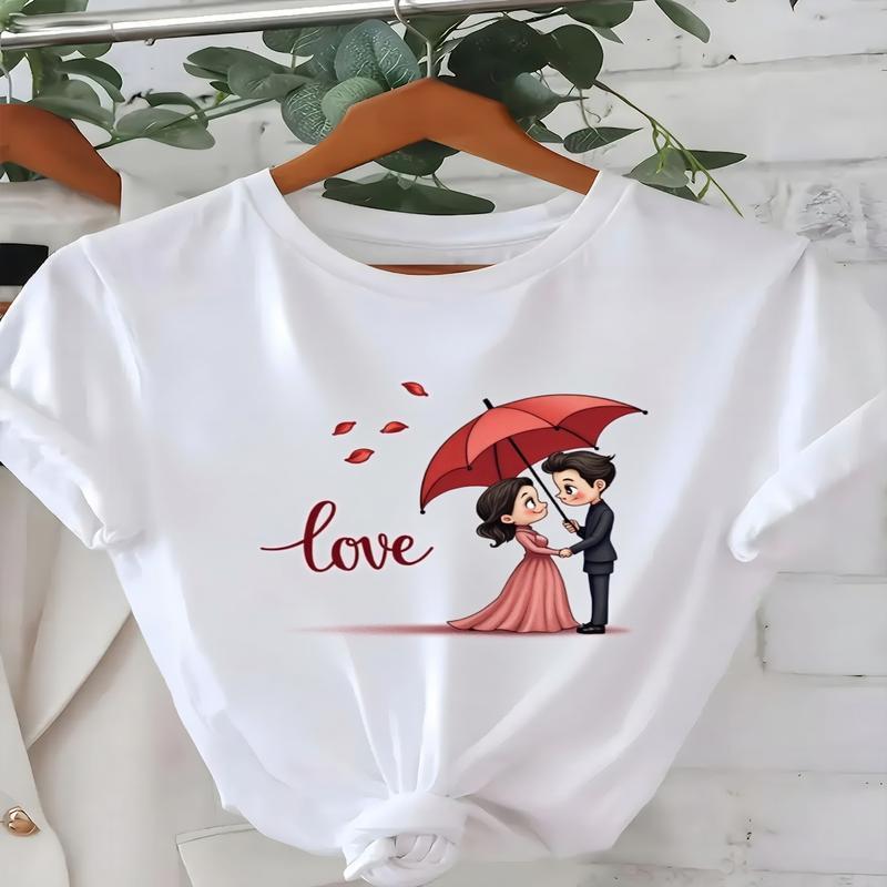 

T-shirt Chic 'LOVE' pour Couple - pour la Saint-Valentin & Noël, T-shirt en Polyester Décontracté pour Femme, Lavable en Machine