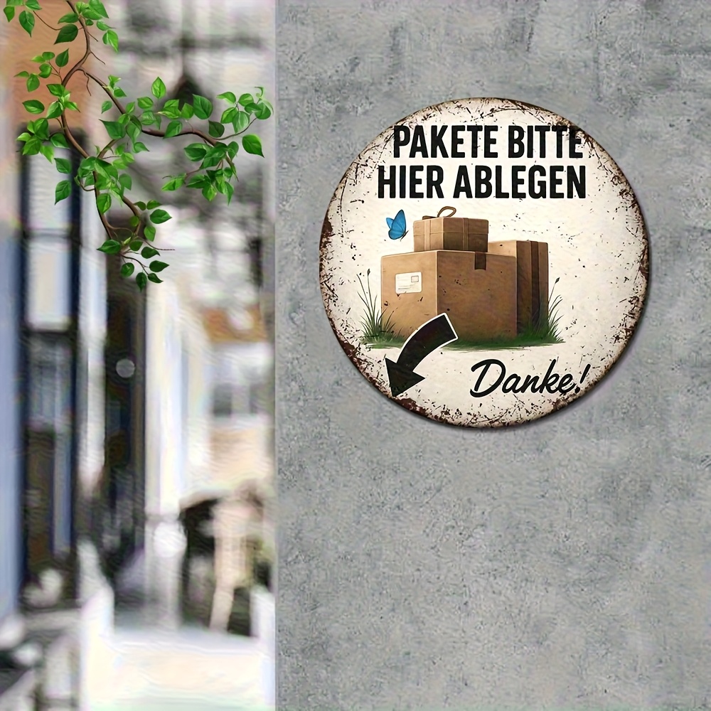 TEMU 2D Flat - Ein 2D-Flachschild mit einer vintage deutschen Lieferbotschaft - "Bitte Ihr Paket ablegen!" Danke! Hergestellt aus schwerem Holz und