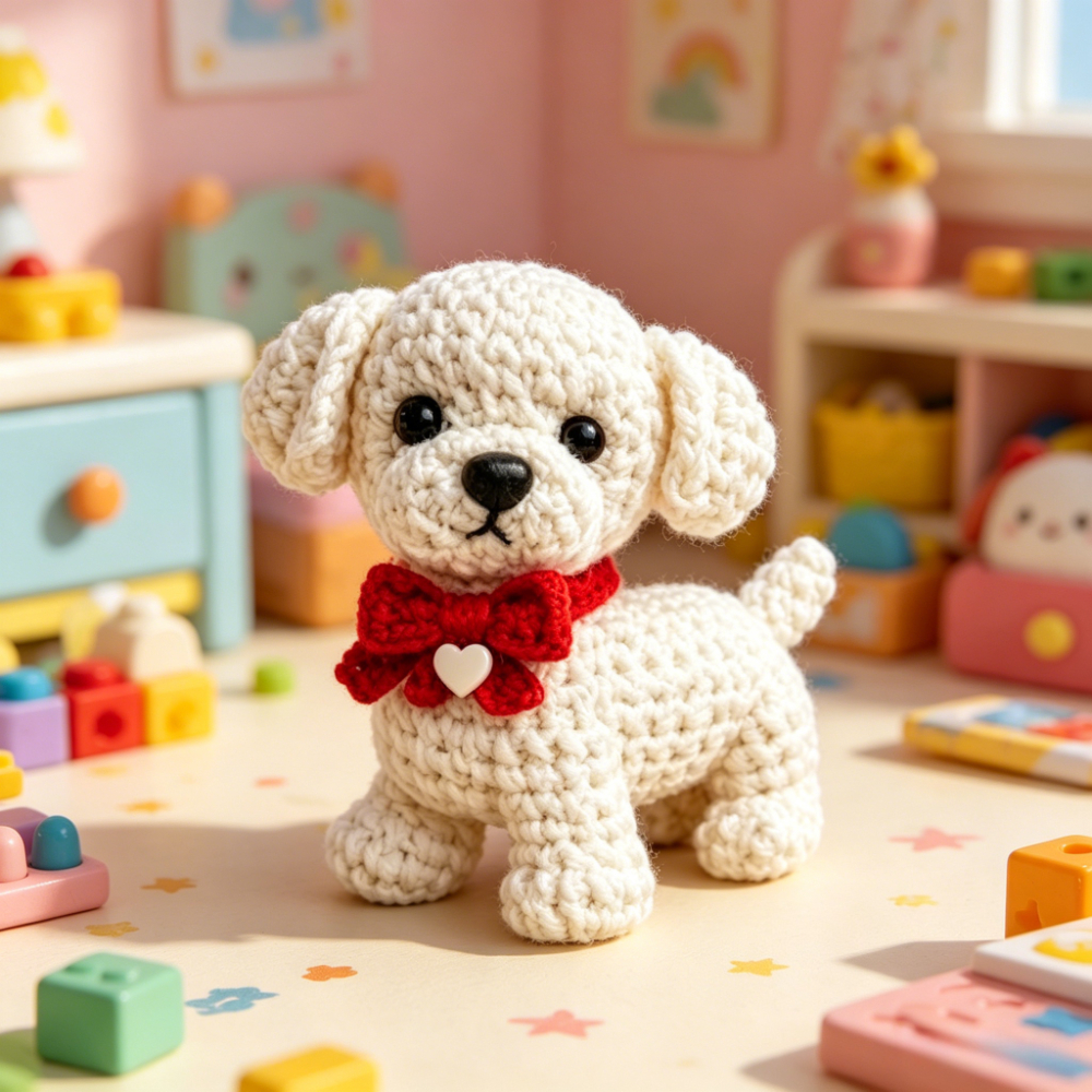1pc cute puppy crochet kit for beginners complete diy amigurumi set with yarn tools tutorial handmade knitted   with red bow perfect gift for kids adults easy to start crochet project for craft lovers Product details 0