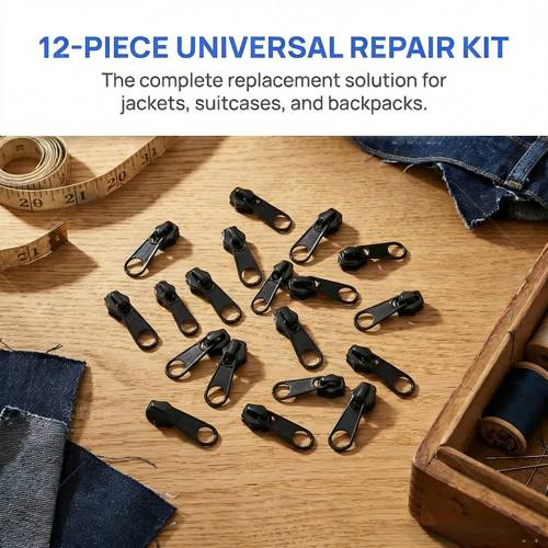 12pcs universal zipper repair kit instant zipper fixing replacement with slider detachable and reusable zipper head 3 sizes black with multiple repair for clothing and bags