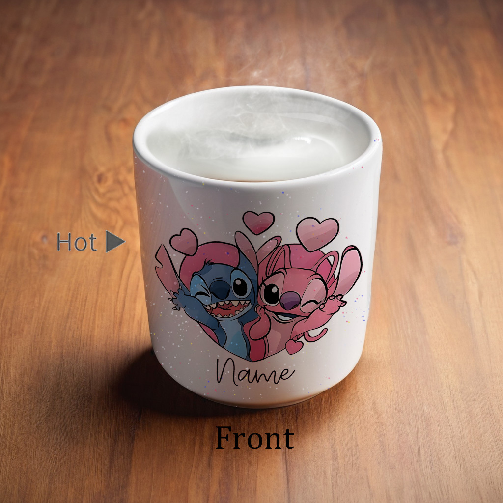 1pc Stitch & Hearts Customizable Name Color Changing Mug - 11oz Starry Sky Cup with Stitch & Hearts Design, Heart-Shaped Handle, Perfect for Birthdays, Christmas