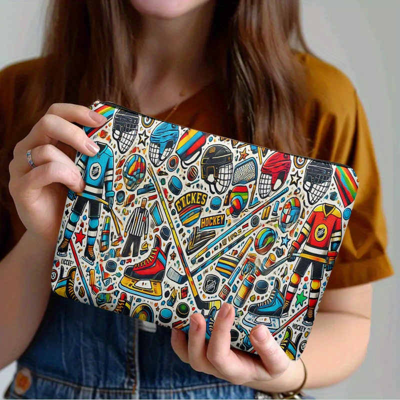TEMU 1pc Cosmetic Pouch, Featuring Fun Hockey Illustrations, A Lightweight Zippered Design, Ideal For Travel And Everyday Use As A Multifunctional